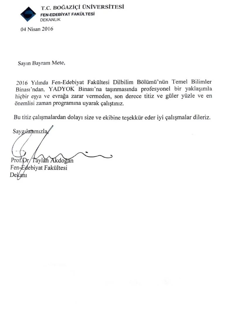 Boğaziçi Üniversitesi Referans Mektubu